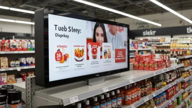 Stretched LCD shelf edge display installed on supermarket shelving showing promotional content next to products